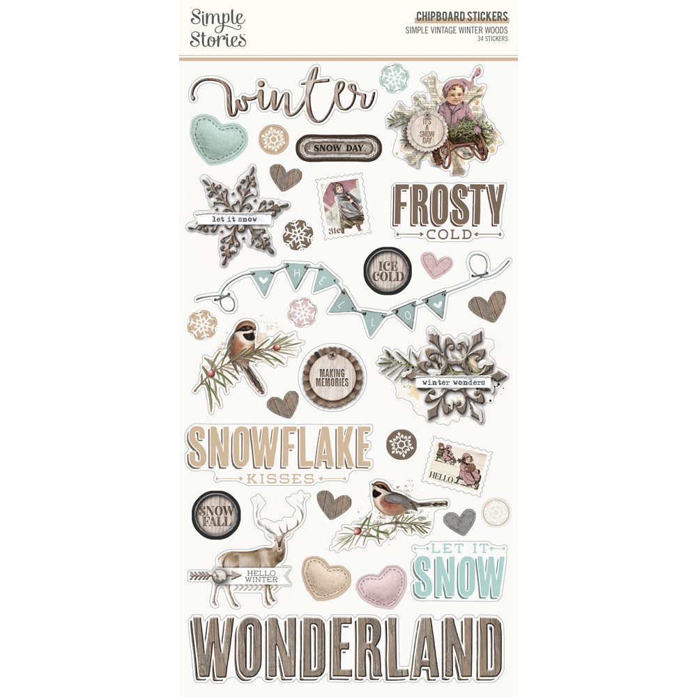 Simple Vintage Winter Woods . Chipboard Stickers