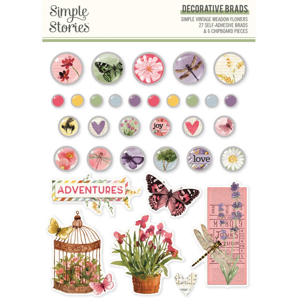 Simple Vintage Meadow Flowers . Decorative Brads