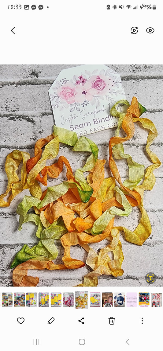 Seam Binding .  Crinkled Custom Dyed Orange/Green/Yelllow